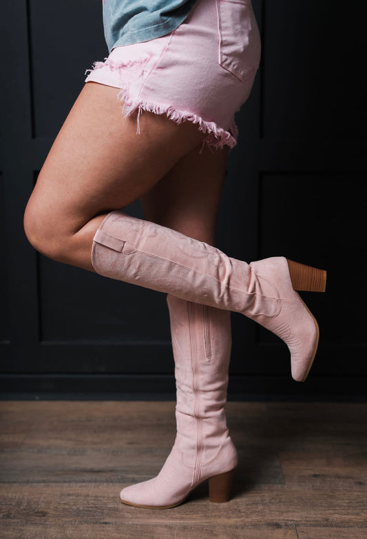 Pink suede cowgirl boots